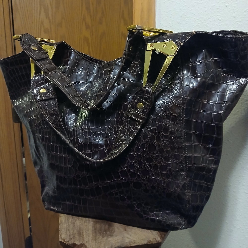 Graciano Brown Croc-Embossed Patent Leather Hobo Bag – Animal Print Lining